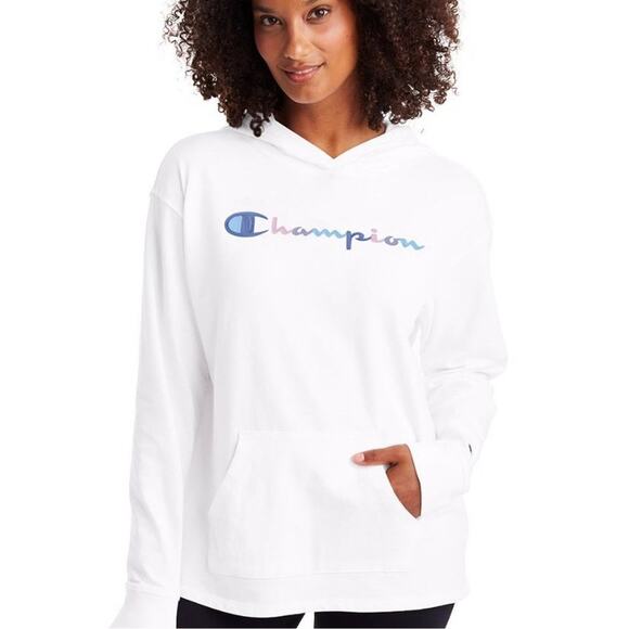 Champion Tops - CHAMPION White Jersey Multi-Color Pastel Logo Side Slit Cotton Hoodie Top Sz XL
